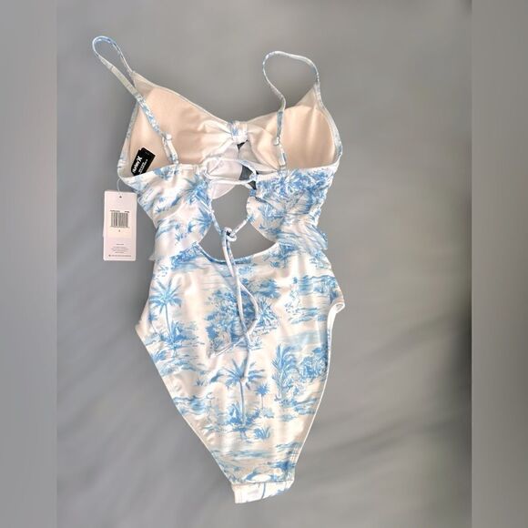 HURLEY Tropical Palm Tree Blue Cutout One Piece Swimsuit Size L - Picture 9 of 15